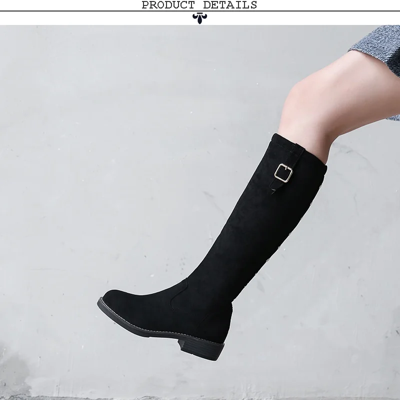 EGONERY winter new concise knee high boots outside comfortable mid heels round toe flock women shoes drop shipping size 32-43