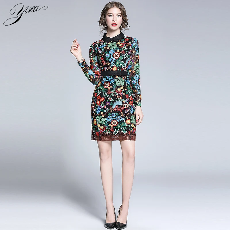 Элегантное платье с цветочной вышивкой новое осеннее женское облегающее