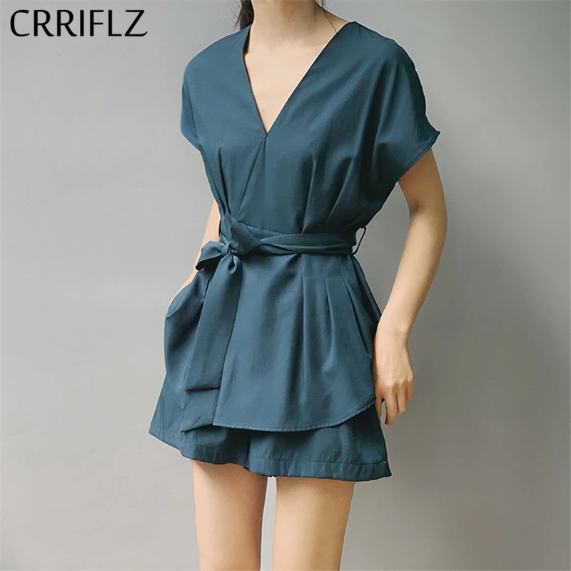 

Summer Casual Thin Set Women V Neck Short Sleeve Bandage Blouse Shirts Wide leg Shorts 2 Piece Set 2020 New CRRIFLZ