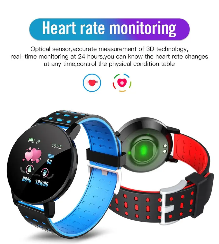 119Plus Touch Screen Smart Watch Waterproof Sport Fitness Tracker Men Women Blood Pressure Heart Rate Monitor For Android IOS