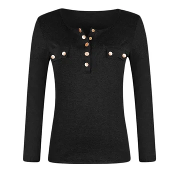 

Women Round Neck Sweater Casual Solid Color Button Sweaters Long Sleeve Loose Pullover