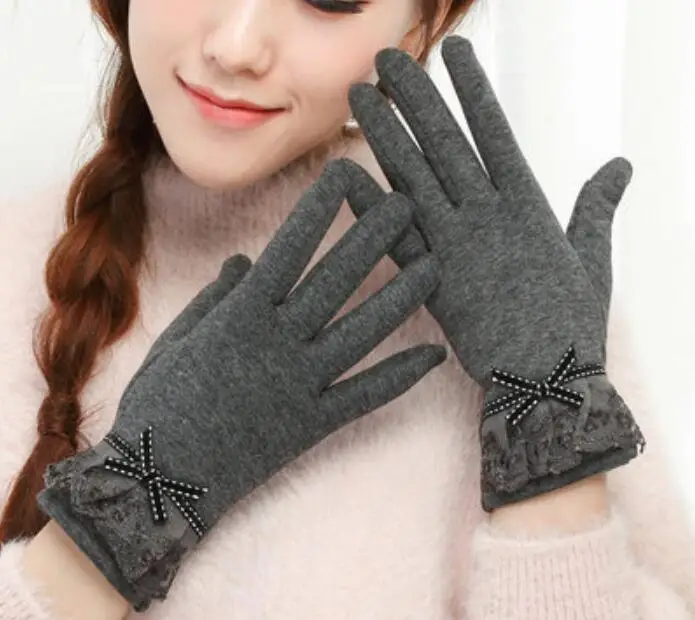New Gray lace YRRETY, женские кашемировые перчатки для улицы, Осень-зима, женские теплые перевернутые рукавицы, хлопковые перчатки на запястье, однотонные женские шерстяные перчатки - Цвет: New Gray lace