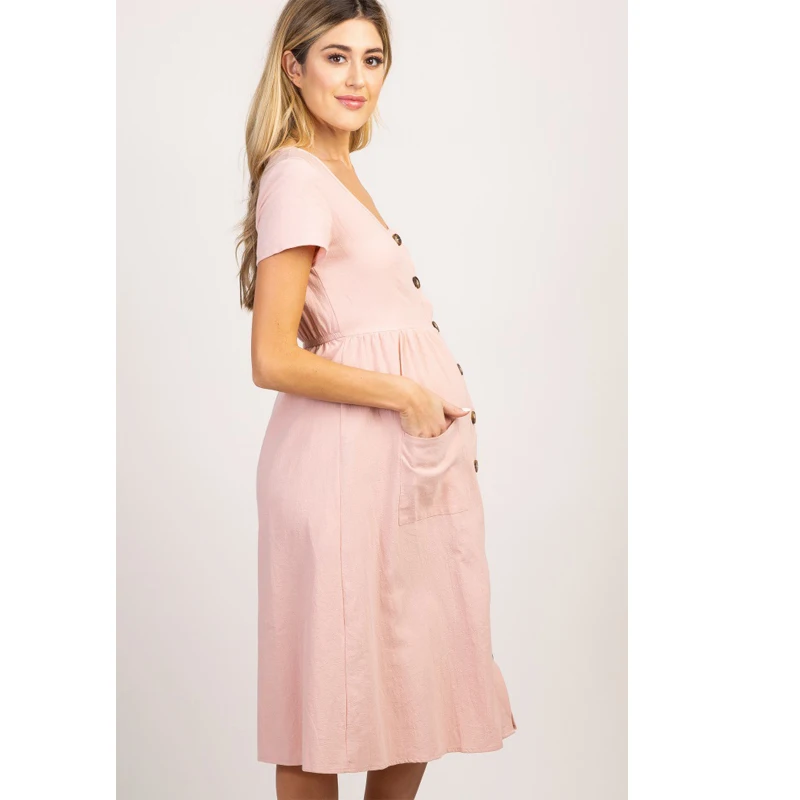 Slim-Fit Short-Sleeved Maternity Dress Maternity Long Dress Round Neck Loose Solid Color Long Trench Coat