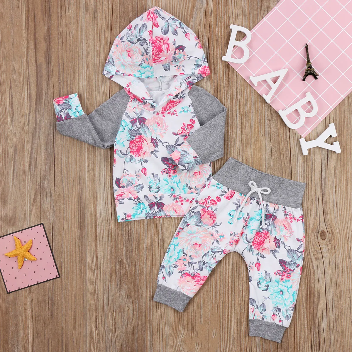 Pudcoco Newborn Kid Baby Girl Flower Hooded Tops Long Floral Pants Leggings Outfits Clothes 0-24M