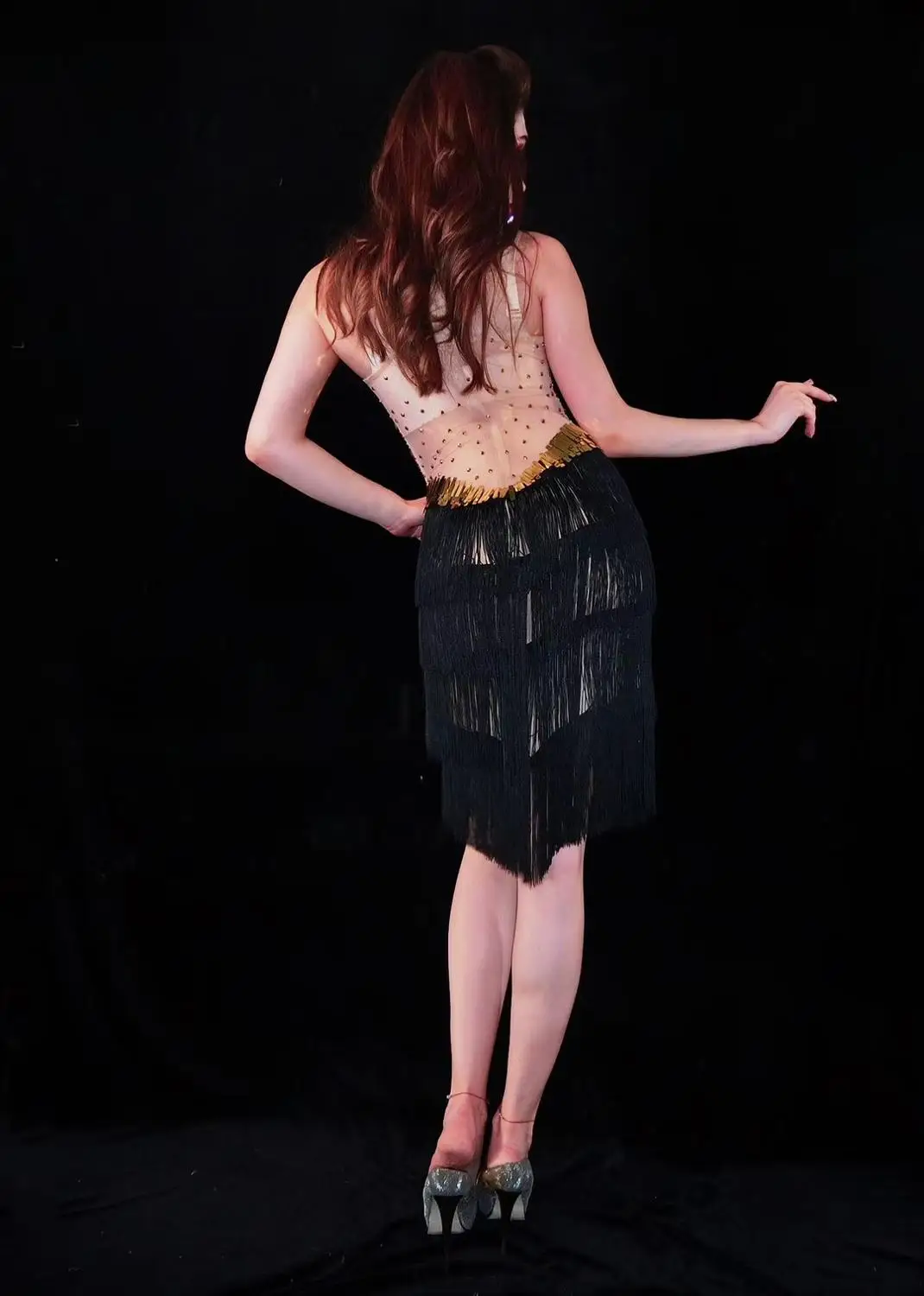 Sexy Sling Dress Gold Sequins Mesh Black Tassel Dress Women Birthday Celebration See-through Dresses Prom Singer Dance Costume