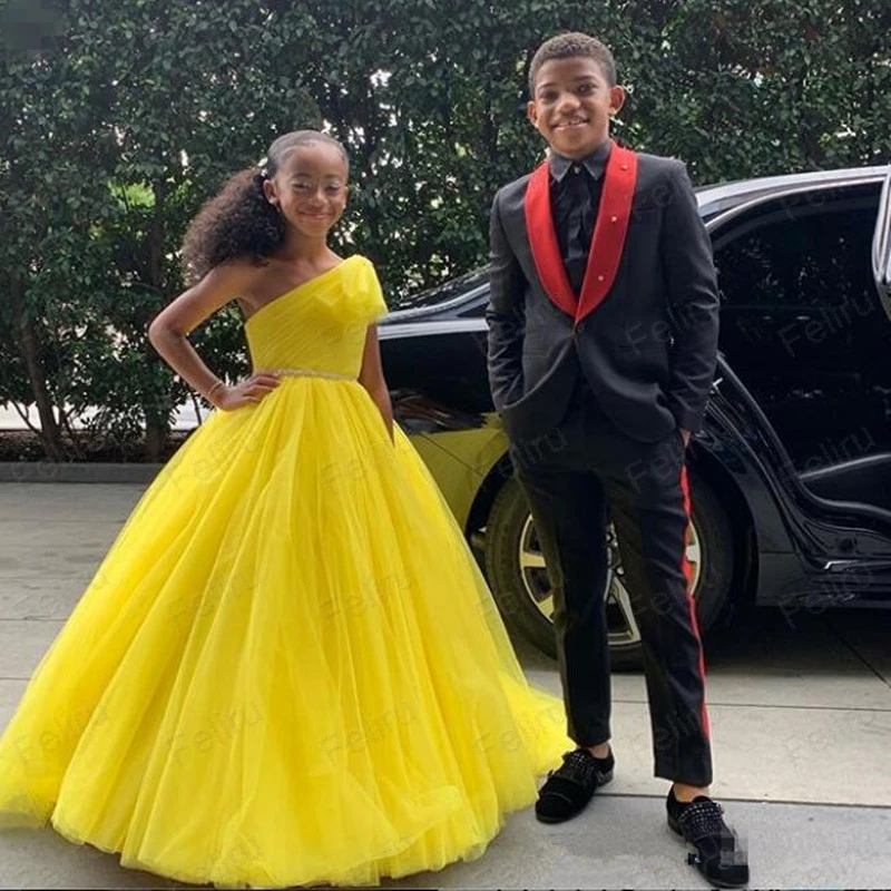 

Yellow Tulle Girl Princess Flower Girls' Dresses One Shoulder Girls Glitz Pageant Dresses with Beaded