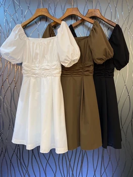 

2020 Spring and Summer New Women's Square Collar Solid Color Decorative Bubble Short Sleeve Slim Dress 638