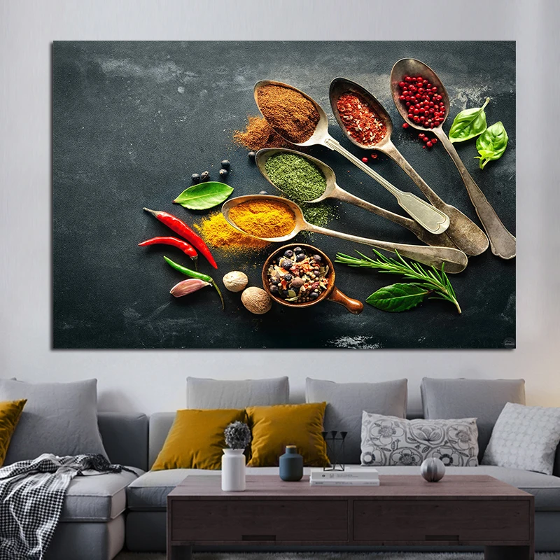 SPOONS OF COLOURFUL SPICES CANVAS PRINT PICTURE WALL ART KITCHEN HOME DECOR