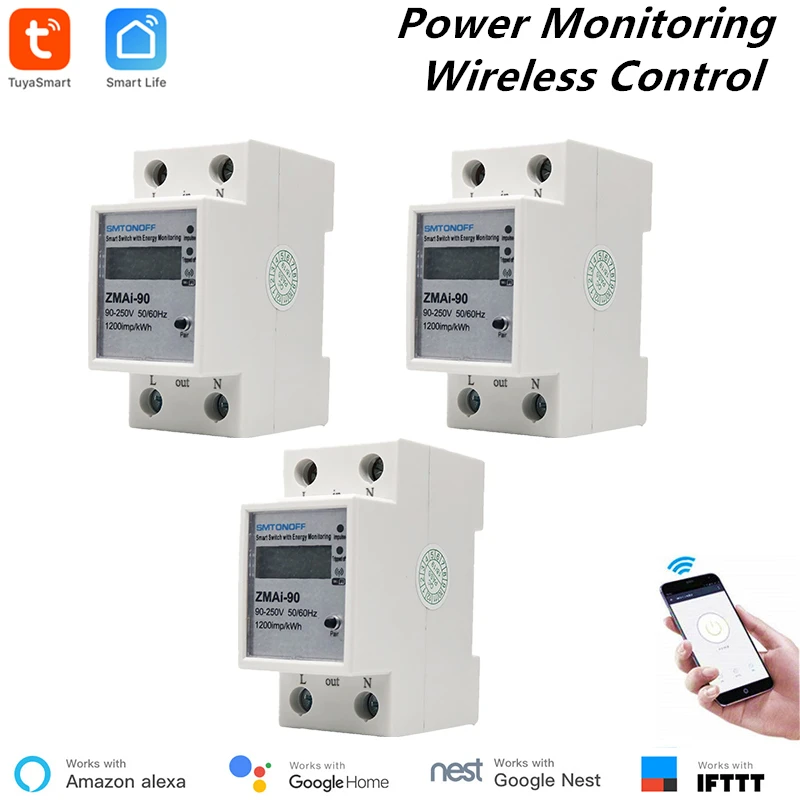 

3 Pcs Alexa Compatible Tuya Power Meter WiFi Power Consumption Switch Energy Monitoring Meter 110V/220V Din Rail Remote Control