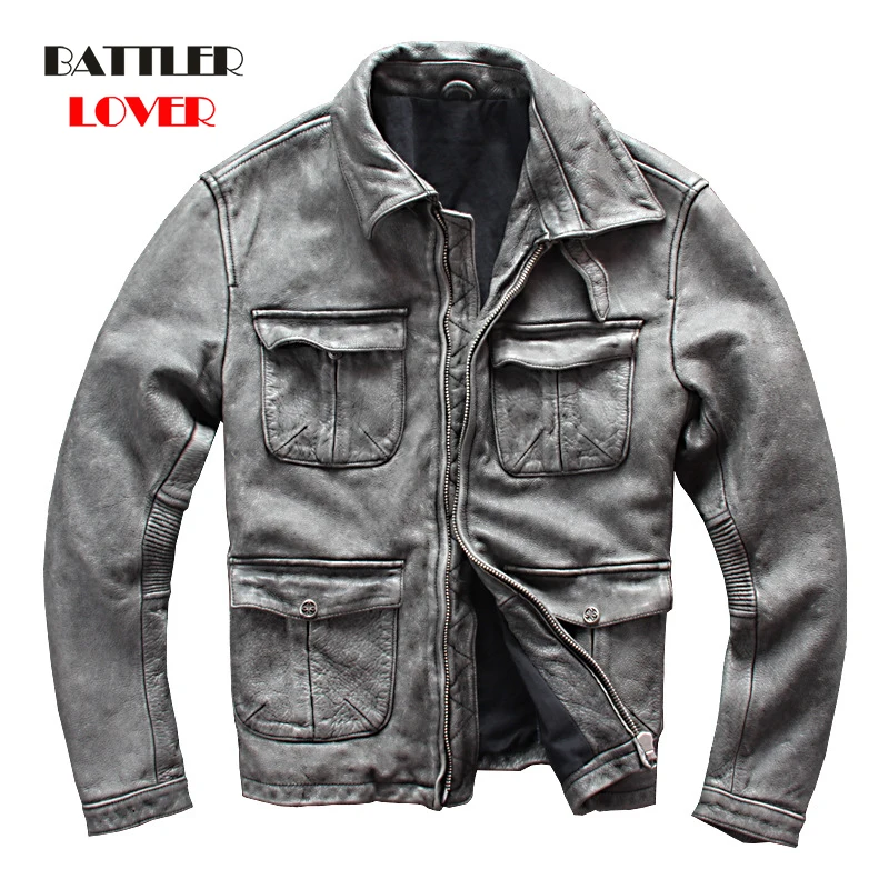 Men Classic Real Cow Leather Coat Genuine Baseball Bomber Leather Jacket Mens Motor Biker Coats Homme Grey Winter Warm Jackets