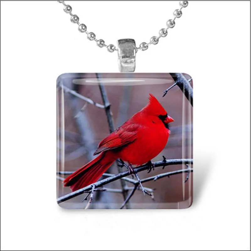 CARDINAL BIRD Red Cardinal Spring Bird Glass Tile Pendant Necklace