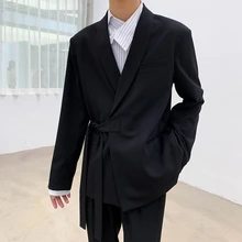 Men's suit 2019 autumn and winter new handsome long loose belt pure color wild suit young people fashion trend men's clothing Men's suit 2019 autumn and winter new handsome long loose belt pure color wild suit young people fashion trend men's clothing