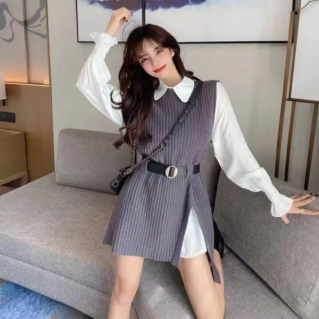 Long lantern sleeve shirt women knitted vest 2 two piece set 2021 spring autumn womens Shirts sets Sleeveless Sweater tops Grey Sets