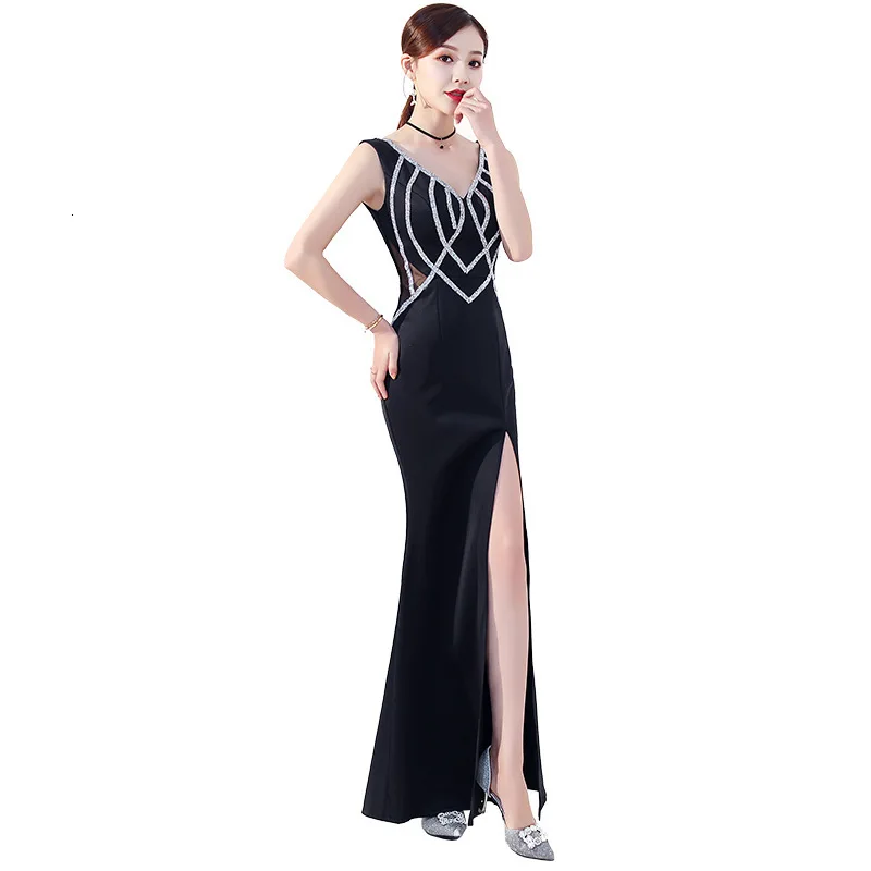 Черный V образным вырезом сексуальное Cheongsam Современный Русалка Тонкий Вечерние платья Qi Pao Для женщин в традиционном китайском стиле Костюмы платье Qipao продвижение