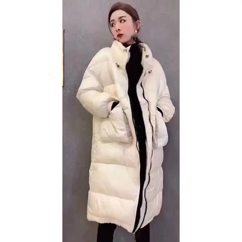Красивое Женское зимнее теплое пальто, верхняя одежда, белый утиный пух, длинная куртка, однотонный пуховик с длинным рукавом и стоячим воротником, толстая парка
