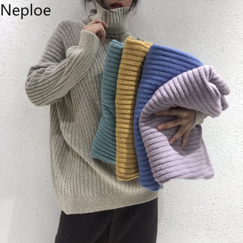 Neploe, Осень-зима, свитера для женщин, корейский стиль, водолазка, длинный рукав, свитера, свободные, одноцветные, модные, вязанные, женские пуловеры, 80235