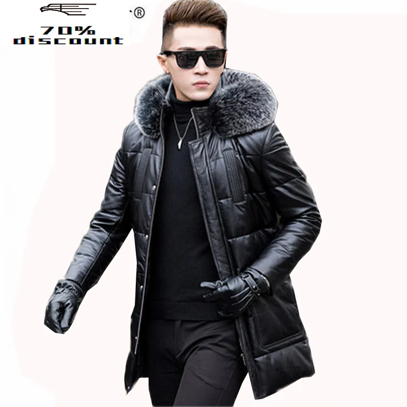 

Men Real Sheepskin Leather Jacket Winter Natural Fox Fur Long Coat Mens Genuine Leather Duck Down Jacket 20320 LX2358