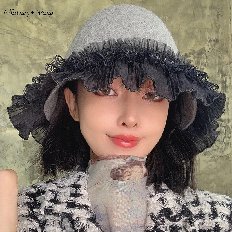 WHITNEY WANG осень зима мода уличная плиссированная шерстяная шляпа с оборками Женская стильная шапка