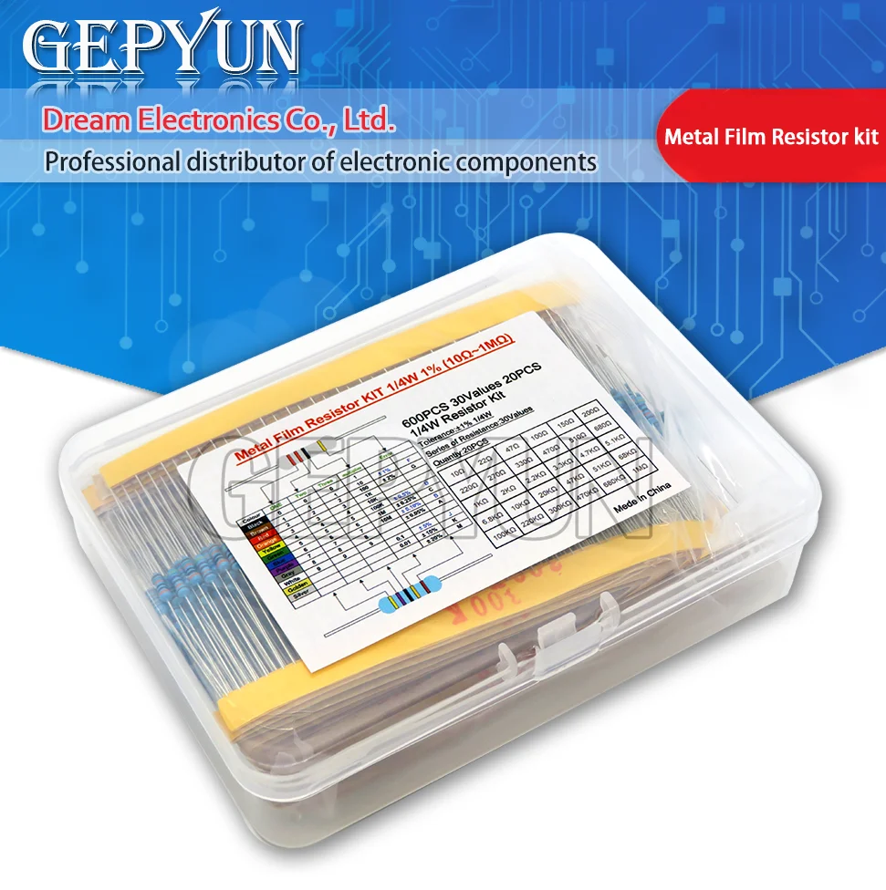 1% 저항 팩 세트 DIY 금속 필름 저항 키트, 컬러 링 저항 사용, 10 옴 ~ 1 M 옴, 30 개 * 20 개, 1/4W, 600 개 