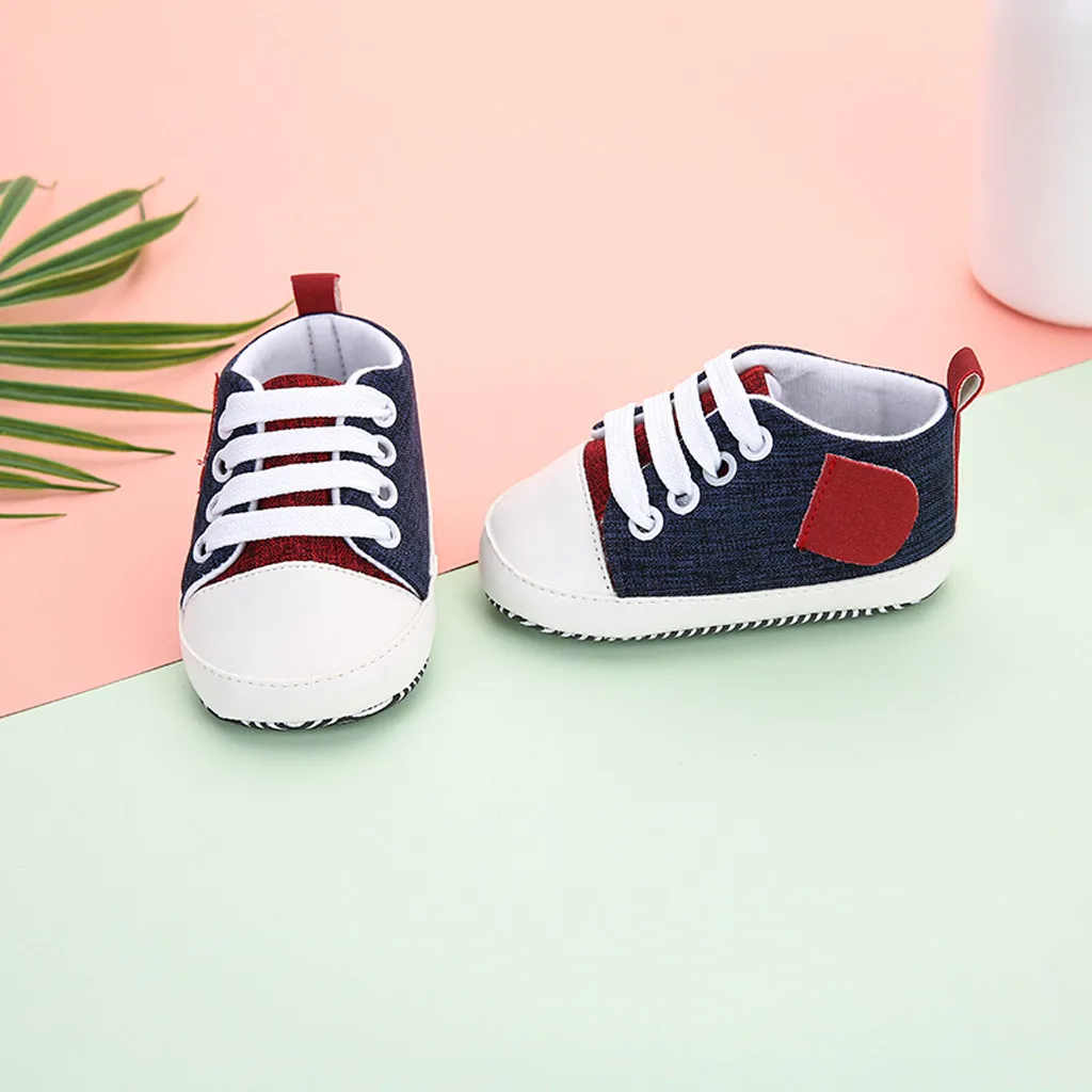Тёмно-синий 0-2T Newborn Baby Boys Girls First Walkers Shoes Baby Splicing Bandage Casual Single Shoes New Canvas Classic Sports Sneakers - Цвет: Тёмно-синий