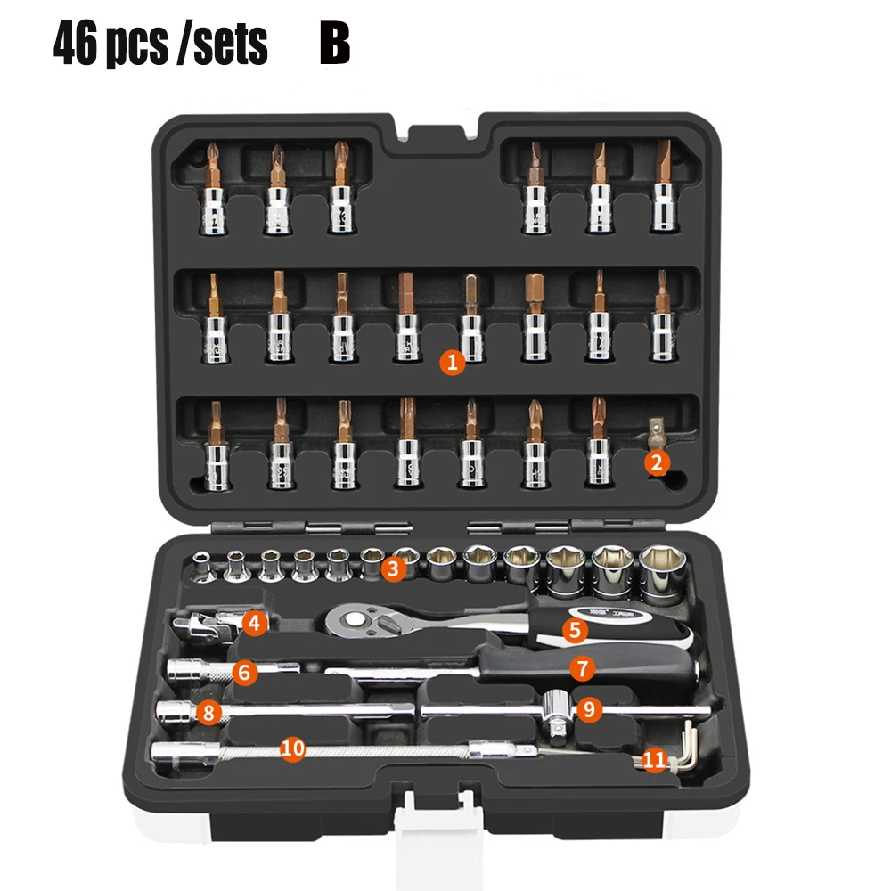 46 pcs sets B Коробка для инструментов для ремонта автомобиля, мотоцикла, автомобиля, прецизионный Трещоточный ключ, набор втулок, универсальный шарнирный набор инструментов для автомобиля - Цвет: 46 pcs sets B