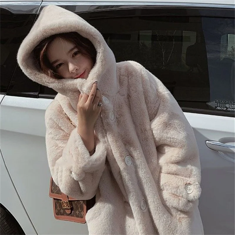 

Women Mink Fluff Hooded Thick Faux Fur Jacket 2023 Winter Female New Mid-Length Korean Loose Coat Clothes Trend A1006