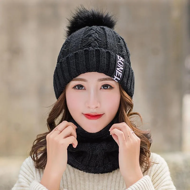 black Hat and scarf Зимние шапки для женщин, шарф и шапка, набор, вязаные шерстяные теплые шапки, кольца, шарфы, унисекс, помпон, шапка, шарф, Женский комплект, шапка - Цвет: black Hat and scarf