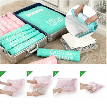 

6 Pcs/ Set Pink & Green Letter Sealing Folding Manually Roll Vacuum Clothes Package Storage Bags Travel Vacuum Bag