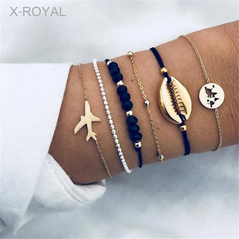 

X-ROYAL 6Pcs/set Bohemian Style Vintage Shell Plane Map Bead Charm Fashion Bracelets For Women Boho Trendy Jewelry Bracelets Set