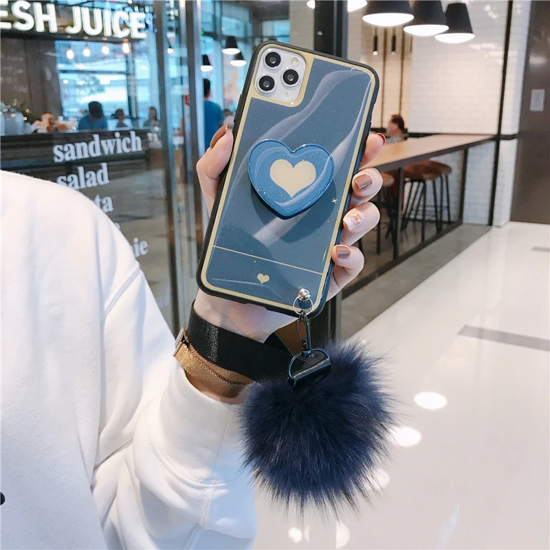 

Shiny Diamond Bracket Love Pattern Case for Samsung S10 S9 S8 Plus Cover for Samsung Note 8 9 10 Pro Bracket with Fur Ball Coque