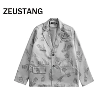 

Zeustang Harajuku Streetwear Jackets Flower Coats Hip Hop Conventional Casual Mens Fashion Tops