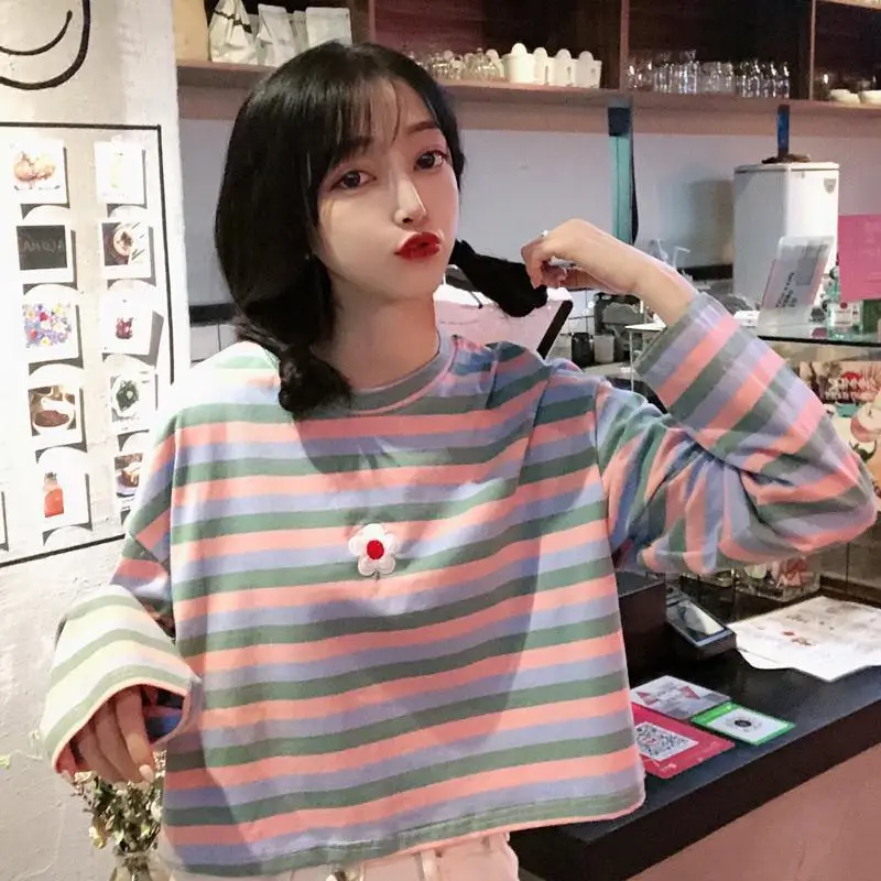 Ulzzang футболка в стиле преппи с длинным рукавом Женская милая одежда осенняя Милая