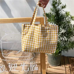 Vintage Plaid Cotton Mini Tote Bag - Stylish Canvas Clutch - 32x8x22cm (YELLOW)