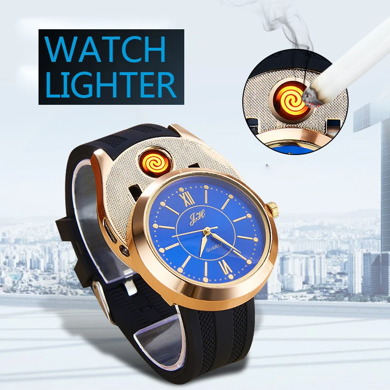 

2020 Fashion Casual Men Watches Windproof USB Charging Lighter Watch Quartz Wristwatches Rubber Reloj Hombre Relogio Masculino