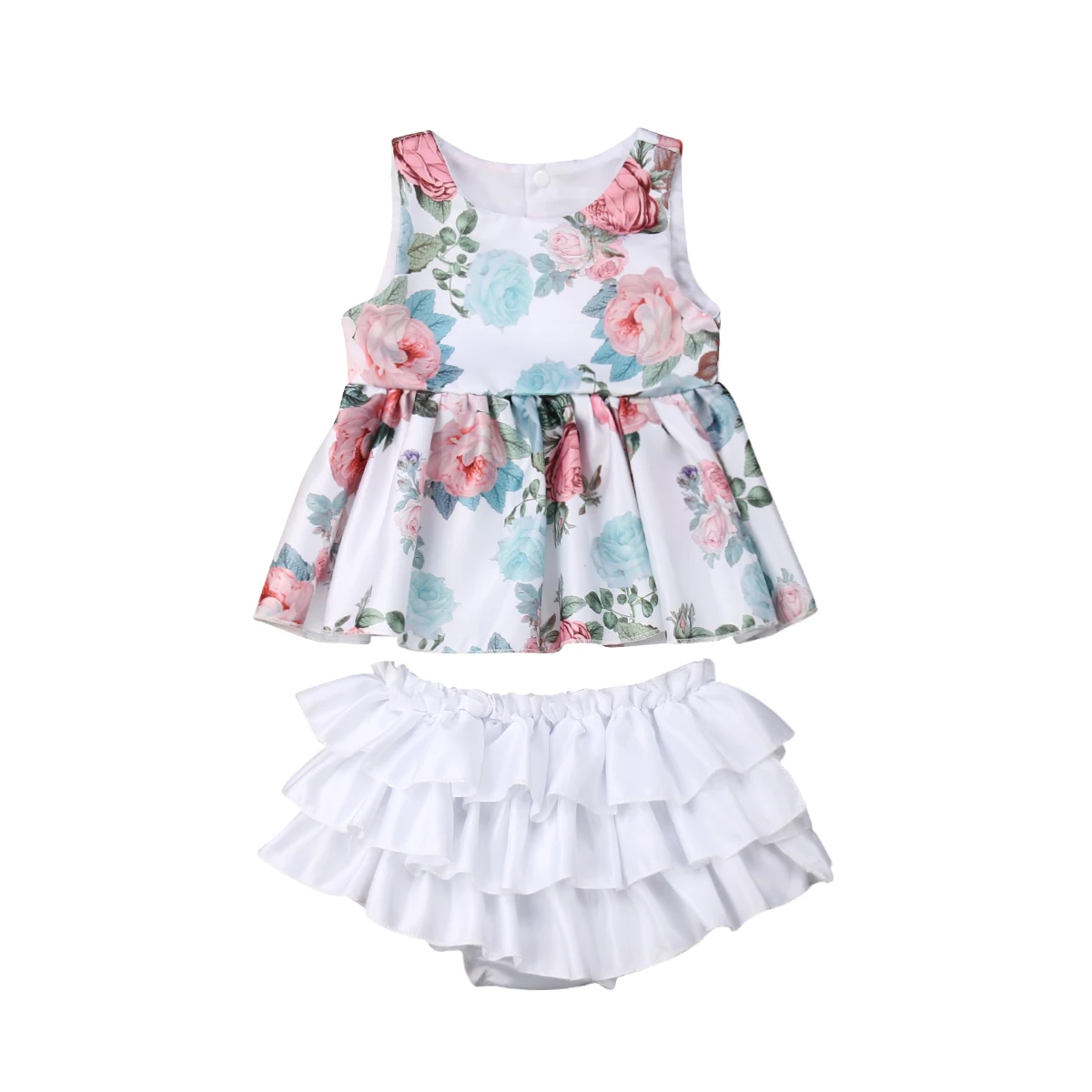 

Newborn Baby Girls Clothes button round neck sleeveless Floral print Tops solid Ruffle shorts 2pcs Toddler Outfits