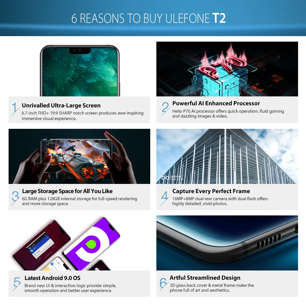 Ulefone T2 смартфон с 6 7 дюймовым дисплеем восьмиядерным процессором Helio P70 ОЗУ ГБ ПЗУ