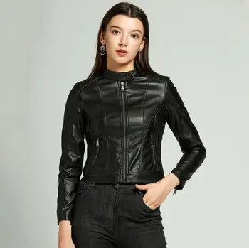 

Motor Jacket Women Black PU Jackets Coats 2019 Autumn Winter Handsome Zipper Outwear Coat Slim Stand Collar Faux Leather Jacquet