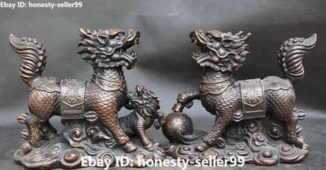 8 &quotбронза kylin Kirin Chi-Lin Kilin Qilin Единорог ребенок мяч пара Статуя Коллекционная