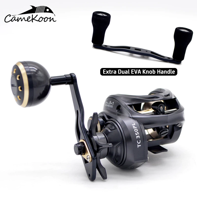 Review CAMEKOON Size 350 Low Profile Baitcasting Reel with Extra Dual Handle 15KG Drag 9+1 Bearings Carbon Body Saltwater Jigging Coil