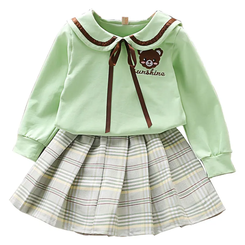 

2020 Baby Girl Clothes 2pcs Long Sleeve Cartoon Blouse Plaid Pattern Short Pleated Skirts Casual Kids Outfits Set New