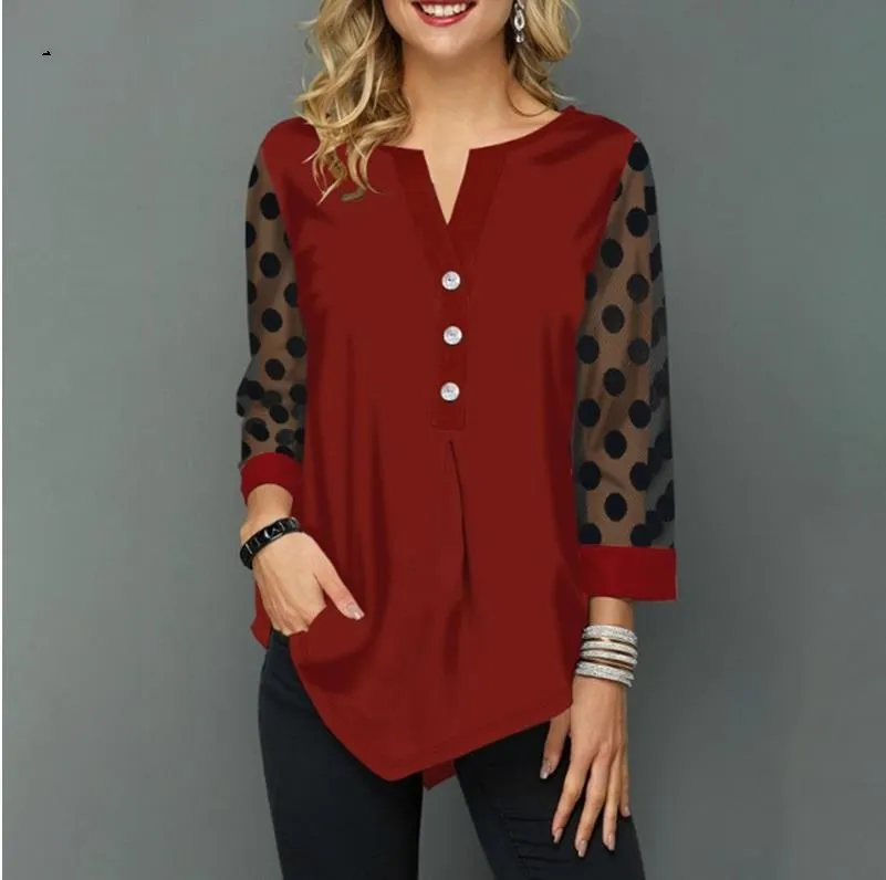 Shirt Blouse Plus Size 5xl Solid Black Tops V-neck Button splice Mesh Nine Points Sleeve Spring Summer Casual Loose Women Shirt