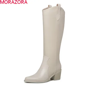 

MORAZORA 2021 New Brand women boots thick heels pointed toe black rice white color knee high boots top quality winter boots