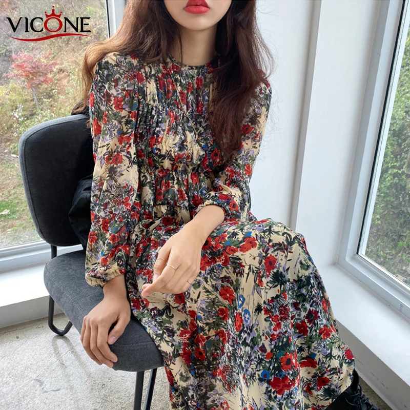 VICONE Design Flower Waist Long Sleeved In The Render Dress Elegant | Женская одежда