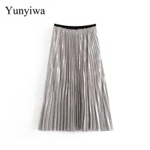 Новинка, Женская юбка в складку с эластичной резинкой на талии, серебристая, Faldas Mujer, женская повседневная юбка цвета металлик, шикарные Брендовые юбки