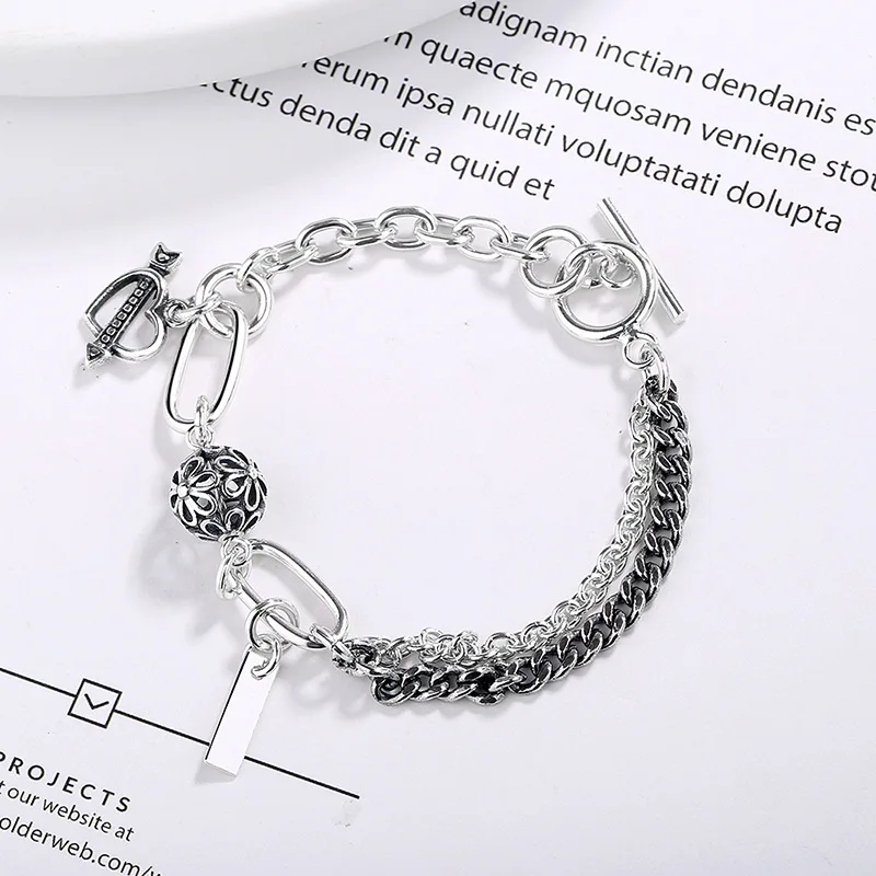 Silvology 925 стерлингового серебра асимметрия двойная цепь браслеты с сердечками цветок шар дизайн женские браслеты 925 ювелирные изделия дружбы