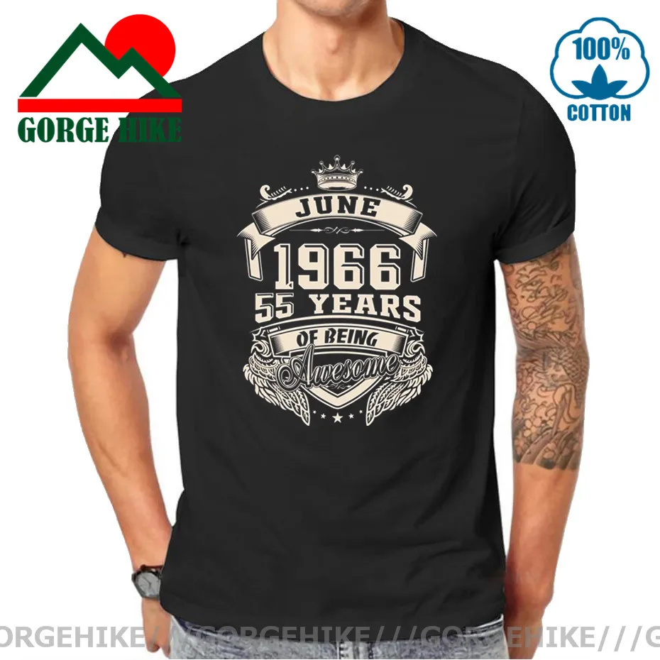 GorgeHike Vintage Retro Born In June 1966 55 Years Of Being Awesome T Shirt men Plus Size Cotton Crewneck Short Sleeve Shirts | Мужская