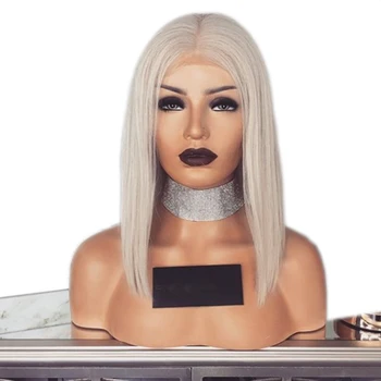 

Synthetic Lace Front Wig Short Bob Straight 14"Sliver Grey Wig Heat Resistant Synthetic Wigs For Black Women Cosplay Party Wig