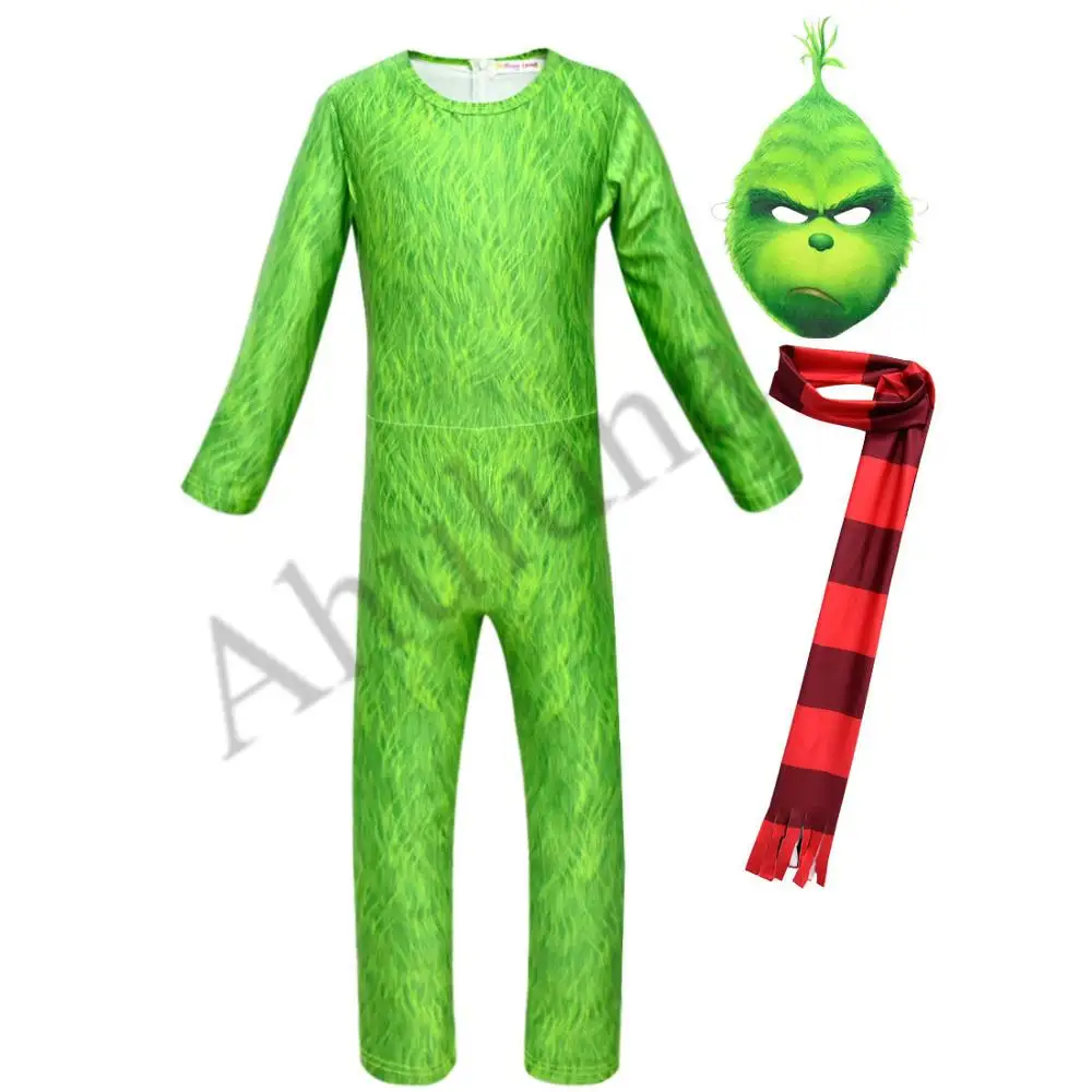Новинка года; костюм гринча зеленого Монстра для косплея; рождественские костюмы; боди для детей; комбинезоны для мальчиков с молнией сзади; C183 - Цвет: Jumpsuit Mask Scarf