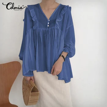 

Vintage Casual Long Sleeve Loose Tops Women 2020 Celmia Solid Sexy V-Neck Ruffles Shirts Elegant Work Party Blouses Linen Blusas