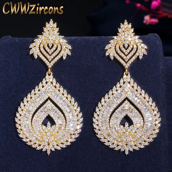 

CWWZircons Luxury 585 Gold Color African Nigerian Cubic Zirconia Big Long Naija Wedding Party Women Dress Earrings CZ636